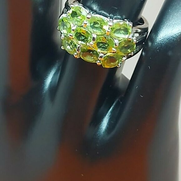Natural Peridot 14K White Gold on 925 Sterling Silver Earrings & Ring (Sz 7) Set - Picture 4 of 7
